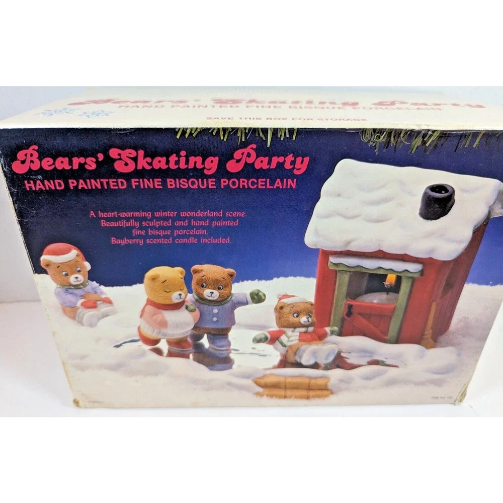CHRISTMAS BEARS SKATING PARTY TEA LIGHT BY JASCO #107 ORIGINAL BOX HAND PAINTED